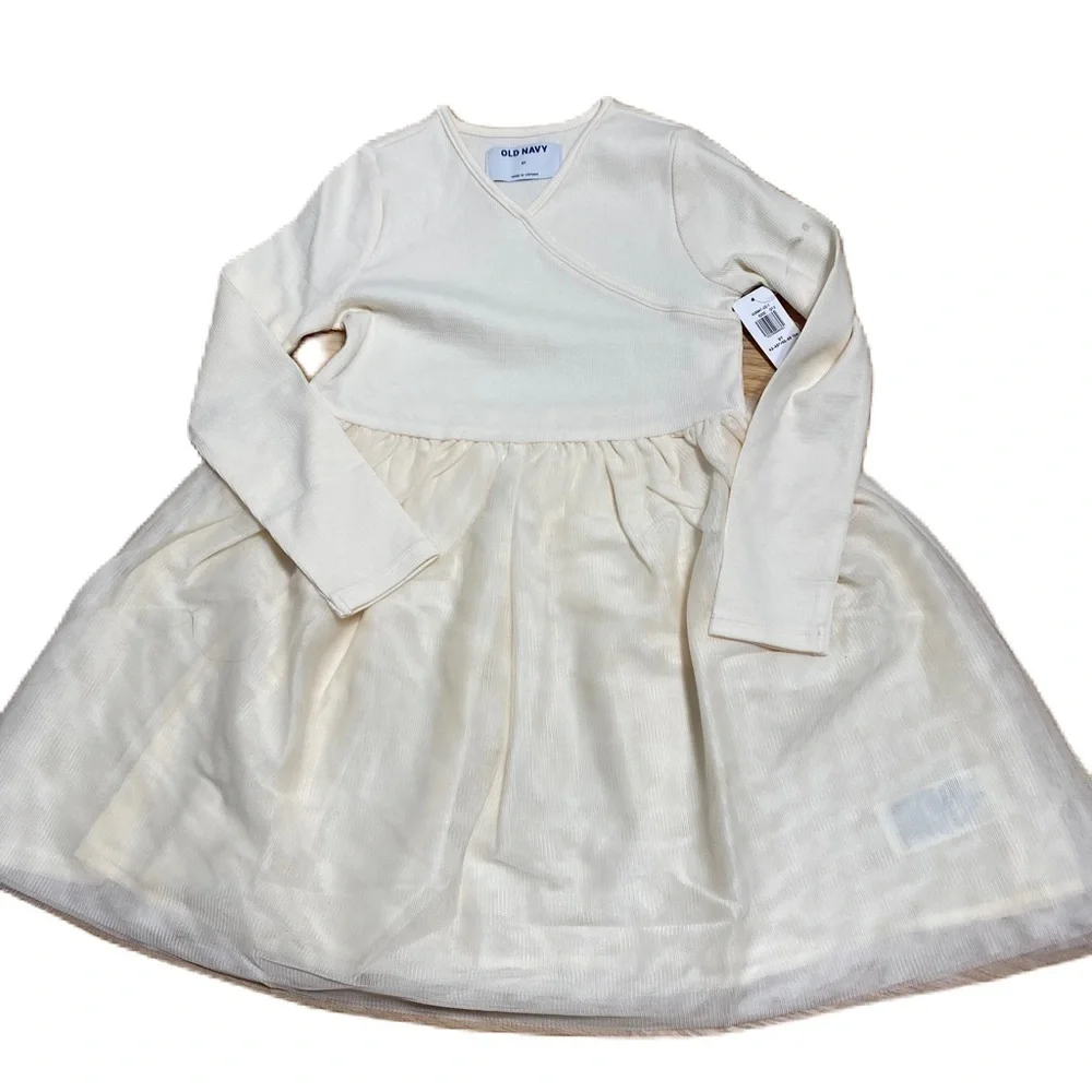Old Navy Ivory White Dress NWT 5T Long Sleeve Faux Wrap Neck A-line Girls
